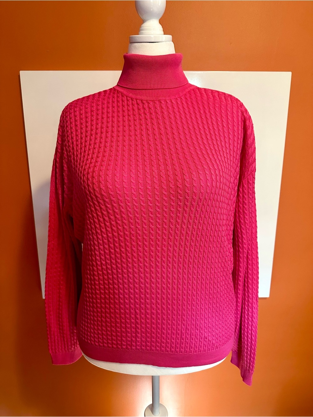 Barry Bricken Hot Pink 100% Silk Cable Knit Turtleneck Sweater XL